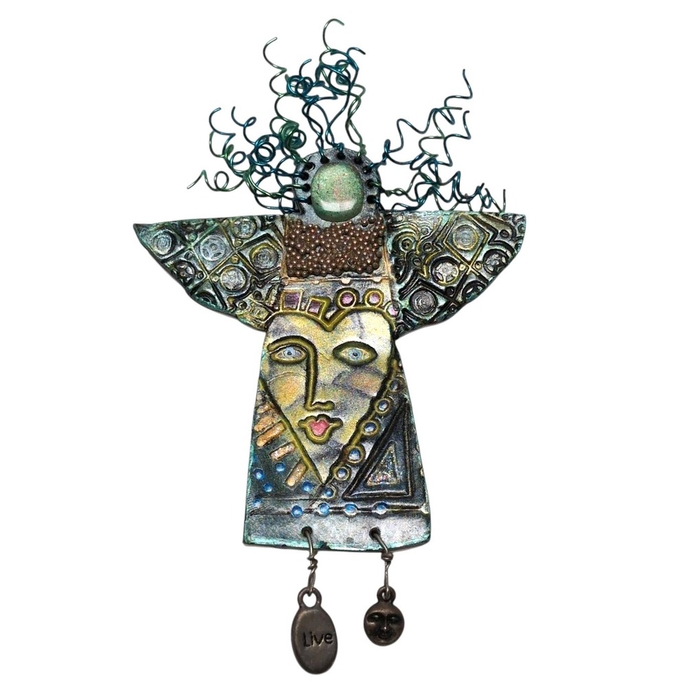 Artisan Angel Goddess Face Brooch Pin Mixed Media Multicolor Curly Wire Charms